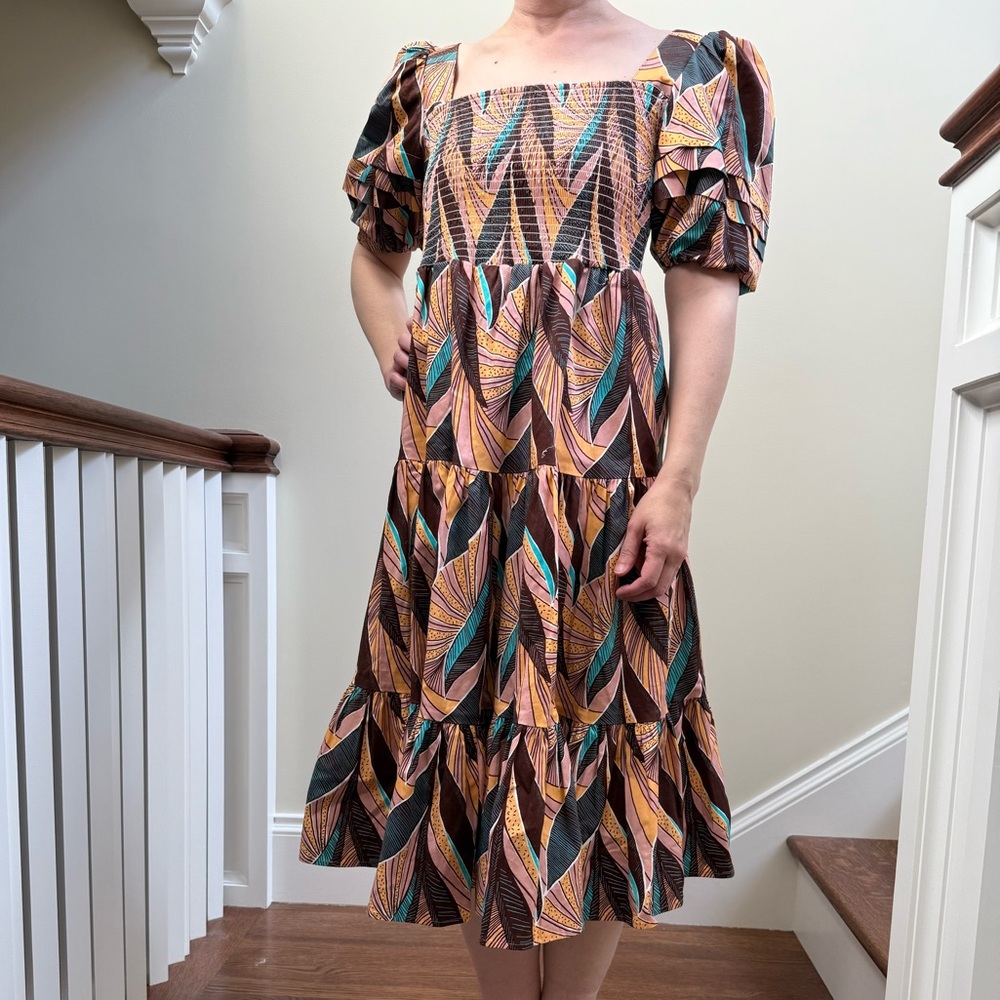 AUTUMN ADEIGBO Della‎ Puff Sleeve Dress Midi Smocked Tiered Coquette Tropical 2